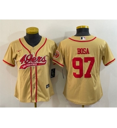 Women San Francisco 49ers 97 Nick Bosa Gold With Patch Cool Base Stitched Baseball Jersey Women San Francisco 49ers 97 Nick Bosa Gold With Patch Cool Base Stitched Baseball Jersey
