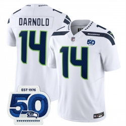 Men Seattle Seahawks 14 Sam Darnold White 2025 F U S E  50th Anniversary Patch Vapor Untouchable Limited Stitched Football Jersey