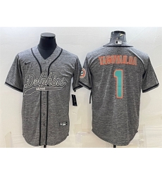 Men Miami Dolphins 1 Tua Tagovailoa Grey With Patch Cool Base Stitched Baseball Jersey Men Miami Dolphins 1 Tua Tagovailoa Grey With Patch Cool Base Stitched Baseball Jersey