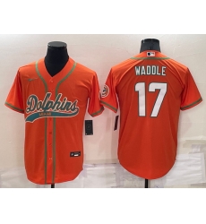 Men Miami Dolphins 17 Jaylen Waddle Orange Cool Base Stitched Baseball Jersey Men Miami Dolphins 17 Jaylen Waddle Orange Cool Base Stitched Baseball Jersey
