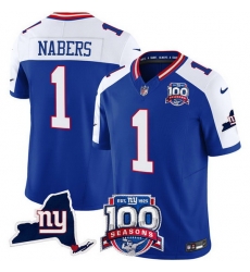 Men New York Giants 1 Malik Nabers Royal 2024 F U S E 100th Season And State Patch Vapor Limited Alternate Stitched Football Jersey Men New York Giants 1 Malik Nabers Royal 2024 F U S E 100th Season And State Patch Vapor Limited Alternate Stitched Football Jersey