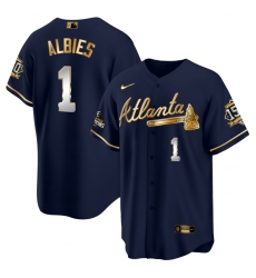 Men Atlanta Braves 1 Ozzie Albies 2021 Navy Gold World Series Champions With 150th Anniversary Patch Cool Base Stitched Jersey Men Atlanta Braves 1 Ozzie Albies 2021 Navy Gold World Series Champions With 150th Anniversary Patch Cool Base Stitched Jersey
