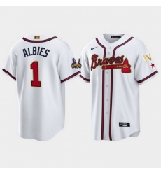 Men Atlanta Braves 1 Ozzie Albies 2022 White Gold World Series Champions Program Cool Base Stitched Baseball jersey Men Atlanta Braves 1 Ozzie Albies 2022 White Gold World Series Champions Program Cool Base Stitched Baseball jersey