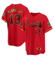 Men Atlanta Braves 13 Ronald Acuna Jr 2021 Red Gold World Series Champions With 150th Anniversary Patch Cool Base Stitched Jersey Men Atlanta Braves 13 Ronald Acuna Jr 2021 Red Gold World Series Champions With 150th Anniversary Patch Cool Base Stitched Jersey