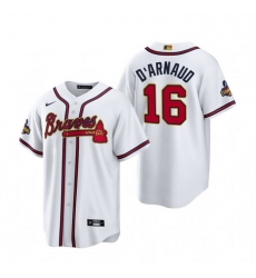 Men Atlanta Braves 16 Travis D'Arnaud White 2022 23 Gold Cool Base Stitched Baseball Jersey Men Atlanta Braves 16 Travis D'Arnaud White 2022 23 Gold Cool Base Stitched Baseball Jersey