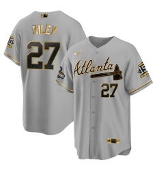 Men Atlanta Braves 27 Austin Riley 2021 Grey Gold World Series Champions With 150th Anniversary Patch Cool Base Stitched Jersey Men Atlanta Braves 27 Austin Riley 2021 Grey Gold World Series Champions With 150th Anniversary Patch Cool Base Stitched Jersey