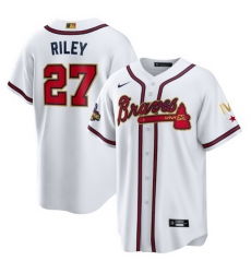 Men Atlanta Braves 27 Austin Riley 2022 White Gold World Series Champions Program Cool Base Stitched Baseball jersey Men Atlanta Braves 27 Austin Riley 2022 White Gold World Series Champions Program Cool Base Stitched Baseball jersey