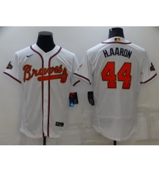 Men Atlanta Braves 44 Hank Aaron 2022 White Gold World Series Champions Program Flex Base Stitched Baseball jersey Men Atlanta Braves 44 Hank Aaron 2022 White Gold World Series Champions Program Flex Base Stitched Baseball jersey