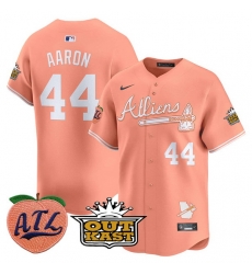 Men Atlanta Braves 44 Hank Aaron Peach 2024 Atliens 26 Peach With Outkast Patch Vapor Limited Stitched Baseball Jersey Men Atlanta Braves 44 Hank Aaron Peach 2024 Atliens 26 Peach With Outkast Patch Vapor Limited Stitched Baseball Jersey