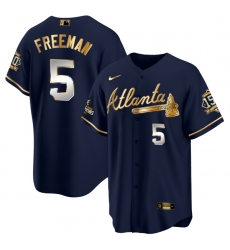 Men Atlanta Braves 5 Freddie Freeman 2021 Navy Gold World Series Champions With 150th Anniversary Patch Cool Base Stitched Jersey Men Atlanta Braves 5 Freddie Freeman 2021 Navy Gold World Series Champions With 150th Anniversary Patch Cool Base Stitched Jersey
