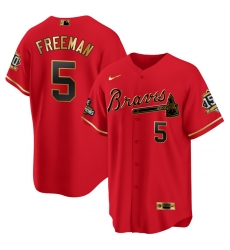 Men Atlanta Braves 5 Freddie Freeman 2021 Red Gold World Series Champions With 150th Anniversary Patch Cool Base Stitched Jersey Men Atlanta Braves 5 Freddie Freeman 2021 Red Gold World Series Champions With 150th Anniversary Patch Cool Base Stitched Jersey