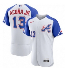 Men's Atlanta Braves #13 Ronald Acuña Jr. White 2023 City Connect Flex Base Stitched Jersey Men's Atlanta Braves #13 Ronald Acuña Jr. White 2023 City Connect Flex Base Stitched Jersey