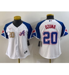 Women Atlanta Braves 20 Marcell Ozuna White 2023 City Connect Stitched Baseball Jersey 1 Women Atlanta Braves 20 Marcell Ozuna White 2023 City Connect Stitched Baseball Jersey 1