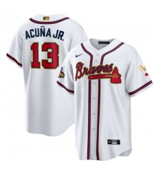 Youth Atlanta Braves 13 Ronald Acuna Jr 2022 White Gold World Series Champions Program Cool Base Stitched Jersey Youth Atlanta Braves 13 Ronald Acuna Jr 2022 White Gold World Series Champions Program Cool Base Stitched Jersey