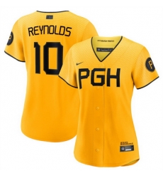 Women Pittsburgh Pirates 10 Bryan Reynolds Gold 2023 City Connect Stitched Jersey Women Pittsburgh Pirates 10 Bryan Reynolds Gold 2023 City Connect Stitched Jersey