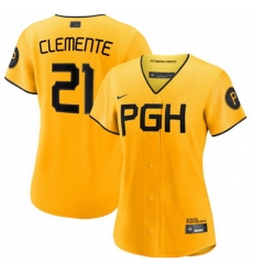 Women Pittsburgh Pirates 21 Roberto Clemente Gold 2023 Draft City Connect Stitched Jersey Women Pittsburgh Pirates 21 Roberto Clemente Gold 2023 Draft City Connect Stitched Jersey