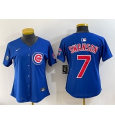 Women Chicago Cubs 7 Dansby Swanson Royal Ryne Sandberg Tribute Vapor Limited V2 Stitched Baseball Jersey