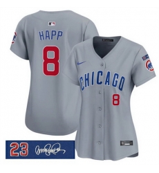 Women Chicago Cubs 8 lan Happ Gray Ryne Sandberg Tribute Vapor Limited V3 Stitched Baseball Jersey