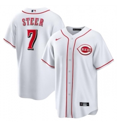 Men Cincinnati Reds 7 Spencer Steer White Cool Base Stitched Baseball Jersey Men Cincinnati Reds 7 Spencer Steer White Cool Base Stitched Baseball Jersey