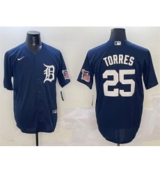 Men Detroit Tigers 25 Gleyber Torres Navy With Patch Cool Base Stitched Baseball Jersey