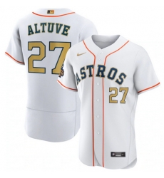 Men Houston Astros 27 Jose Altuve White 2023 Gold Collection With World Serise Champions Patch Stitched Baseball Jersey Men Houston Astros 27 Jose Altuve White 2023 Gold Collection With World Serise Champions Patch Stitched Baseball Jersey