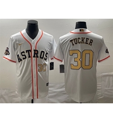 Men Houston Astros 30 Kyle Tucker White 2023 Gold Collection With World Serise Champions Patch Cool Base Stitched Baseball Jersey Men Houston Astros 30 Kyle Tucker White 2023 Gold Collection With World Serise Champions Patch Cool Base Stitched Baseball Jersey