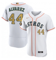 Men Houston Astros 44 Yordan Alvarez White 2023 Gold Collection With World Serise Champions Patch Stitched Baseball Jersey Men Houston Astros 44 Yordan Alvarez White 2023 Gold Collection With World Serise Champions Patch Stitched Baseball Jersey