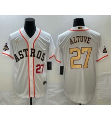 Mens Houston Astros #27 Jose Altuve Number 2023 White Gold World Serise Champions Patch Cool Base Stitched Jersey Mens Houston Astros #27 Jose Altuve Number 2023 White Gold World Serise Champions Patch Cool Base Stitched Jersey