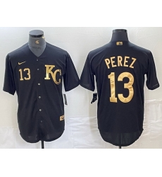 Men Kansas City Royals 13 Salvador Perez Black Gold Cool Base Stitched Jersey 2 Men Kansas City Royals 13 Salvador Perez Black Gold Cool Base Stitched Jersey 2