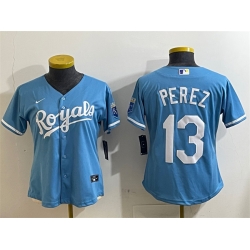 Women Kansas City Royals 13 Salvador Perez Light Blue Cool Base Stitched Jersey