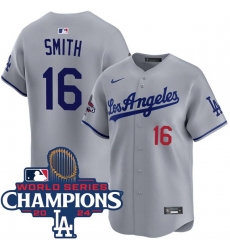 Men Los Angeles Dodgers 16 Will Smith Gray 2024 World Series Champions Patch Limited Stitched Baseball Jersey Men Los Angeles Dodgers 16 Will Smith Gray 2024 World Series Champions Patch Limited Stitched Baseball Jersey