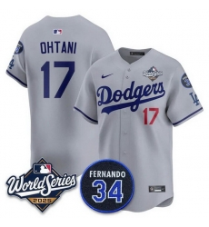 Men Los Angeles Dodgers 17 Shohei Ohtani Grey 2025 World Series With No 34 Patch Limited Stitched Baseball Jersey