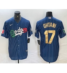 Men Los Angeles Dodgers 17 Shohei Ohtani Mexico Blue Gold Pinstripe Cool Base Stitched Jersey Men Los Angeles Dodgers 17 Shohei Ohtani Mexico Blue Gold Pinstripe Cool Base Stitched Jersey