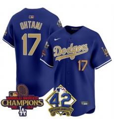 Men Los Angeles Dodgers 17 Shohei Ohtani Royal Gold 2024 World Series Champions  26 42 Jackie Robinson Patch Vapor Limited Stitched Baseball Jersey