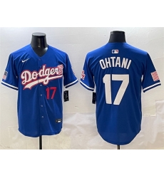 Men Los Angeles Dodgers 17  Shohei Ohtani Royal With American Flag Patch Limited Stitched Baseball Jersey