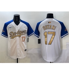 Men Los Angeles Dodgers 17 Shohei Ohtani White Royal Gold 2024 World Series Champions Vapor Limited Stitched Baseball Jersey 738