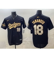 Men Los Angeles Dodgers 18 Yoshinobu Yamamoto Black Gold 2025 World Series Champions Patch Limited Stitched Baseball Jersey