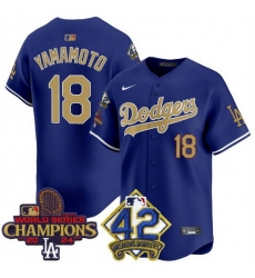 Men Los Angeles Dodgers 18 Yoshinobu Yamamoto Royal Gold 2024 World Series Champions  26 42 Jackie Robinson Patch Vapor Limited Stitched Baseball Jersey