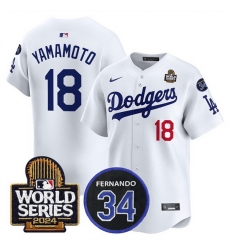 Men Los Angeles Dodgers 18 Yoshinobu Yamamoto White 2024 World Series With Fernando Memorial Patch Limited Stitched Baseball Jersey Men Los Angeles Dodgers 18 Yoshinobu Yamamoto White 2024 World Series With Fernando Memorial Patch Limited Stitched Baseball Jersey
