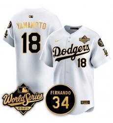 Men Los Angeles Dodgers 18 Yoshinobu Yamamoto White Gold 2025 World Series With No 34 Patch Limited Stitched Baseball Jersey