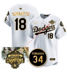 Men Los Angeles Dodgers 18 Yoshinobu Yamamoto White Gold Rbackto back championship Patch With No 34 Patch Limited Stitched Baseball Jersey