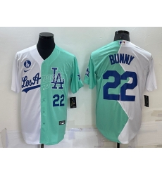 Men Los Angeles Dodgers  22 Bad Bunny 2022 All Star White Green Cool Base Stitched Baseball Jersey