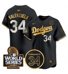 Men Los Angeles Dodgers 34 Toro Valenzuela Black Gold 2024 World Series With Fernando Memorial Patch Limited Stitched Baseball Jersey Men Los Angeles Dodgers 34 Toro Valenzuela Black Gold 2024 World Series With Fernando Memorial Patch Limited Stitched Baseball Jersey