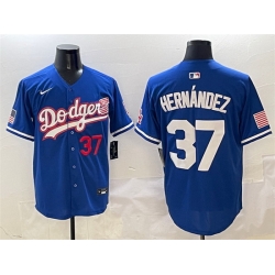 Men Los Angeles Dodgers 37 Teoscar Hernandez Royal With American Flag Patch Limited Stitched Baseball Jersey