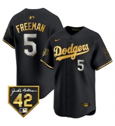 Men Los Angeles Dodgers 5 Freddie Freeman Black Gold With Jackie Robinson Patch Limited Stitched Baseball Jersey