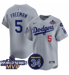 Men Los Angeles Dodgers 5 Freddie Freeman Grey 2024 World Series MVP 26 Fernando Memorial Patch Vapor Premier Limited Stitched Baseball Jersey Men Los Angeles Dodgers 5 Freddie Freeman Grey 2024 World Series MVP 26 Fernando Memorial Patch Vapor Premier Limited Stitched Baseball Jersey