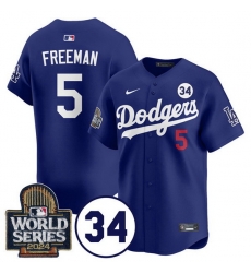 Men Los Angeles Dodgers 5 Freddie Freeman Royal 2024 World Series With No 34 Patch Limited Stitched Baseball Jersey Men Los Angeles Dodgers 5 Freddie Freeman Royal 2024 World Series With No 34 Patch Limited Stitched Baseball Jersey