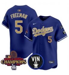 Men Los Angeles Dodgers 5 Freddie Freeman Royal Gold 2024 World Series Champions With Vin Scully  26 34 Fernando Patch Vapor Limited Stitched Baseball Jers