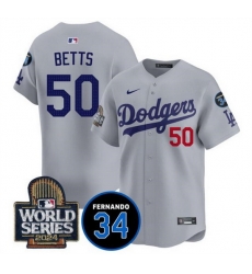 Men Los Angeles Dodgers 50 Mookie Betts Grey 2024 World Series With Fernando Memorial Patch Limited Stitched Baseball Jersey Men Los Angeles Dodgers 50 Mookie Betts Grey 2024 World Series With Fernando Memorial Patch Limited Stitched Baseball Jersey