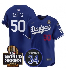 Men Los Angeles Dodgers 50 Mookie Betts Royal 2024 World Series With Fernando Memorial Patch Limited Stitched Baseball Jersey Men Los Angeles Dodgers 50 Mookie Betts Royal 2024 World Series With Fernando Memorial Patch Limited Stitched Baseball Jersey